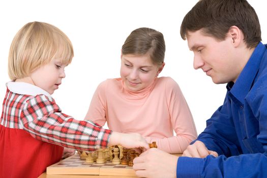 Man and children play chess on white 