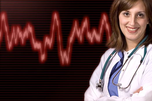 A young medical professional isolated over a cardiogram background with copyspace.