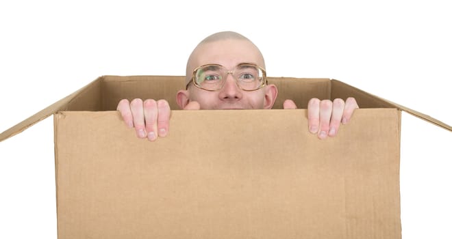 Man in carton on the white background
