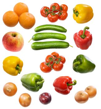 Tomato, orange, apple, onion, cucumber, plum and paprika on a white