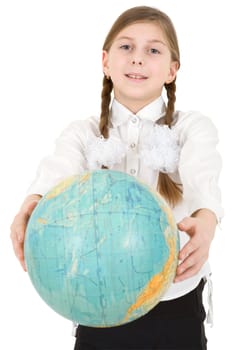 Girl with plaits stretched blue terrestrial globe