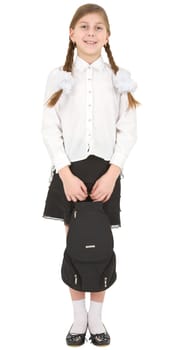 Schoolgirl and satchel on the white background