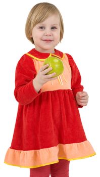 Girl in the red dress with apple on a white background