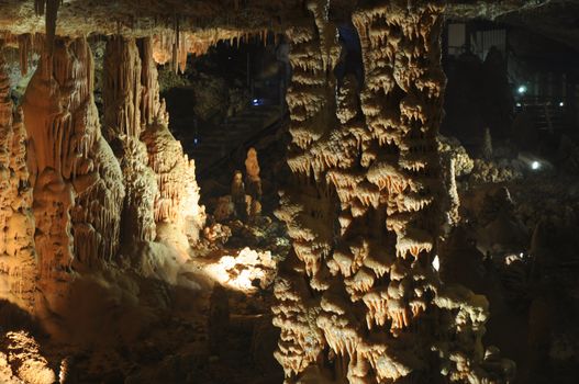 Image of the inside of a cave , details with stalactites .Israel .