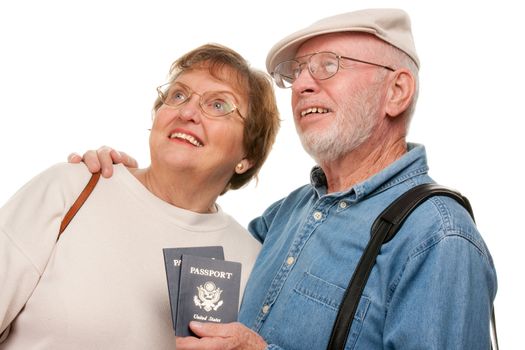 Happy Senior Couple with Passports and Bags Isolated on a White Background.
