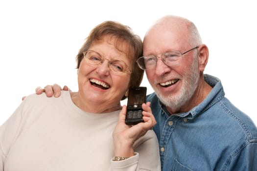 Happy Senior Couple Using Cell Phone Isolated on a White Background.