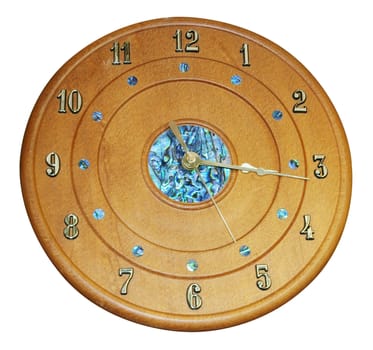 Wooden Clock with Paua Inlay isolated with clipping path