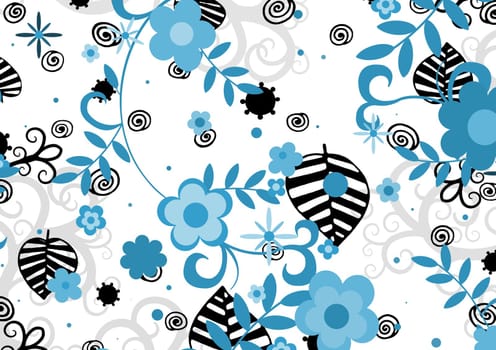 Abstract illustration of black and blue flowers and leaves