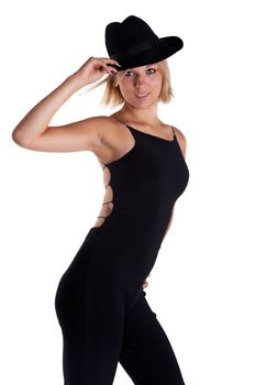 young woman in a black dress and a hat