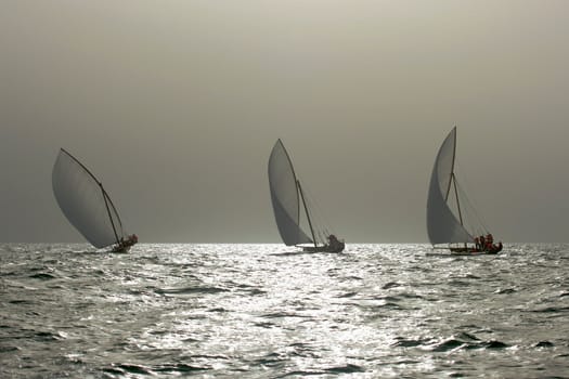 Traditional dhows sailing in the Arabian Gulf near Dubai.