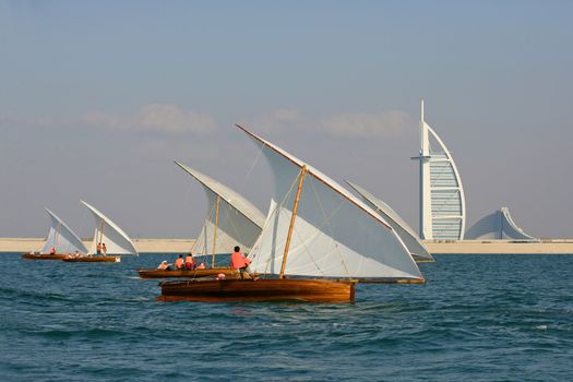 Racing traditional dhows in the Arabian Gulf, off Dubai.