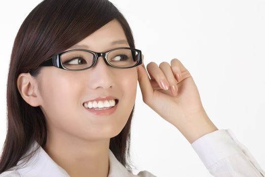 Smart business woman face, closeup portrait of oriental office lady with white background.