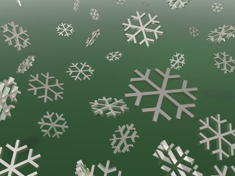 Chrome snowflakes over a green background