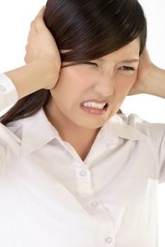 Business woman with pain, closeup portrait of oriental office lady on white background.