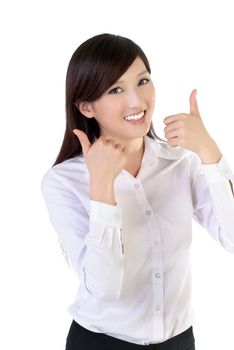 Smiling business woman with joy thumbs up, closeup portrait of oriental office lady on white background.