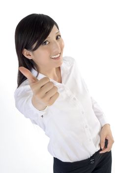 Businesswoman give you a excellent sin, closeup portrait of oriental office lady on white background.