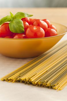 Italian tomato pasta ingredients   on the table