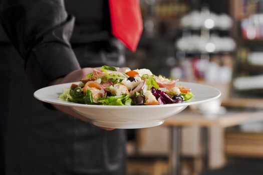 Waiter handing a green salad to customer