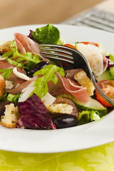 Side salad on the plate (tomato, cucumber, bread, parmesan, ham)