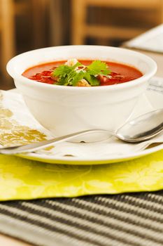 Tomato soup with bread crumps and leaves