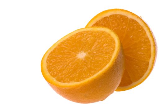 Isolated macro image of sliced orange against a completely white background.