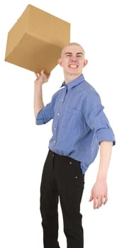 Man holding big brown cardboard box on hand