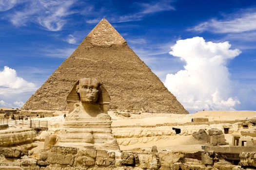 The Sphinx and Chephren Pyramid, Gizeh, Egypt.
