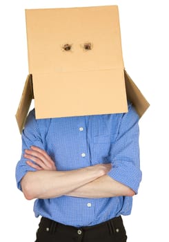 Man with cardboard box instead of head on white