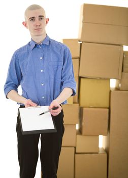 Man and pile cardboard boxes on the white background