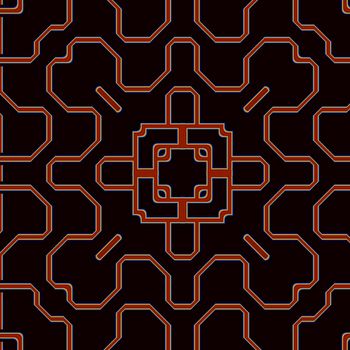 An abstract illustrated tile pattern done in red and black.