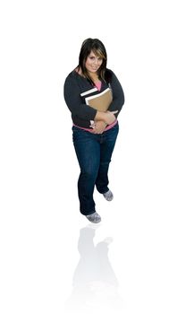 A young student with her books isolated over white - clipping path included.