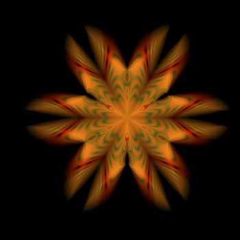 An orange and green star with a patterned surface and a floral central motif.