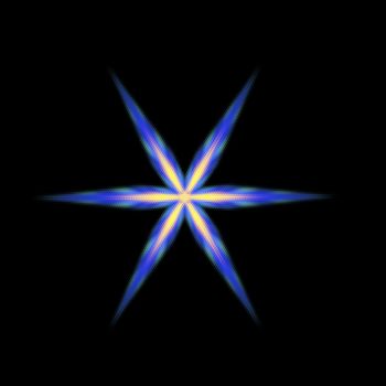 An abstract illustrated six armed star done in blue and yellow on a black background. It has a overlay pattern of interlocking hexagons.