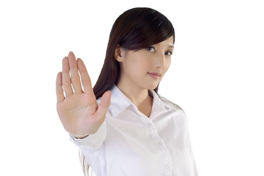 Stop gesture by confident business woman, closeup portrait of oriental office on white background.