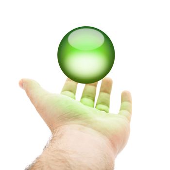 A hand being held out with a green orb or round button hovering above. 