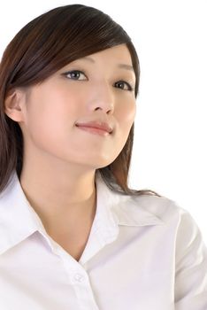 Business woman with confident expression, closeup portrait of oriental office lady on white background.