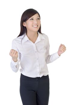 Business woman with excitation, closeup portrait of oriental office lady on white background.