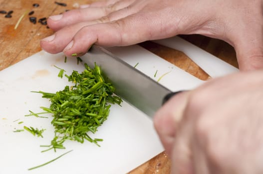 Cutting some vegetables on a cutting plane