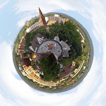 A three dimensional panoramic view of the skyline in New Britain Connecticut in a mini planet panorama style.
