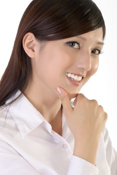 Smart businesswoman face with smiling expression, closeup portrait of oriental office lady.