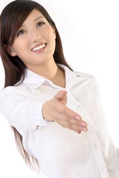 Shake hand figure of business woman, closeup portrait of oriental office lady on white background.