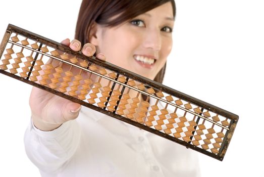 Chinese business woman holding traditional finical tool �V abacus, closeup portrait of oriental office lady on white background.