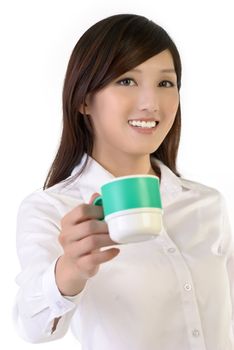 Business woman share a cup of coffee, closeup portrait of oriental office lady on white background.