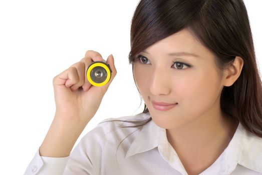 Flashlight holding by business woman, closeup portrait of oriental office lady on white background.