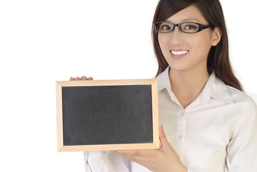 Blank black board holding by happy business woman, closeup portrait of oriental office lady on white background.