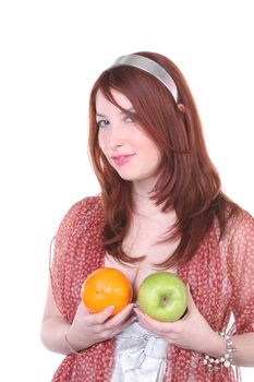 irony portrait of the pensive young woman with fruits, close-up