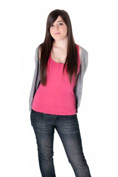young girl standing isolated on white background. 
