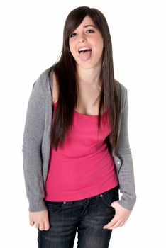 Young adult teen razz sticking out tongue cheerful on white background. 