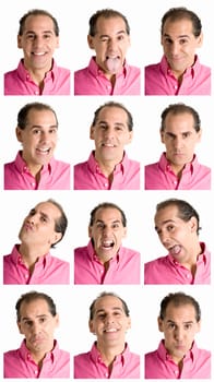 Adult man face expressions composite isolated on white background.
