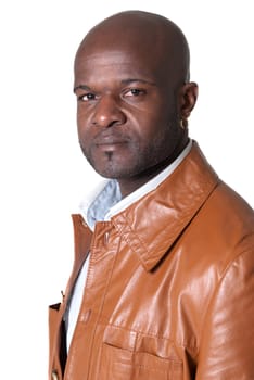 Handsome black man with leather jacket serene isolated on white background. 